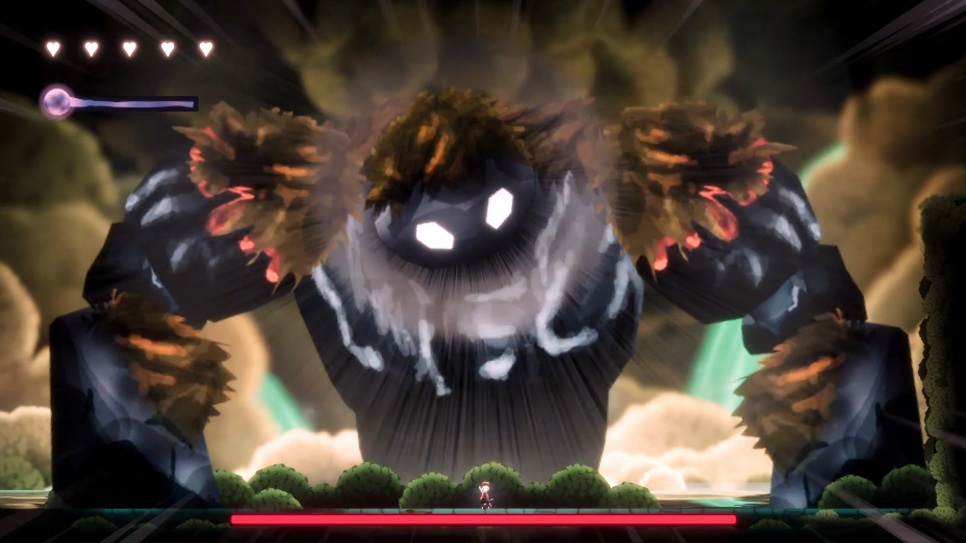 The Dying Mind artwork showing the Stone Beast boss towering over the player.