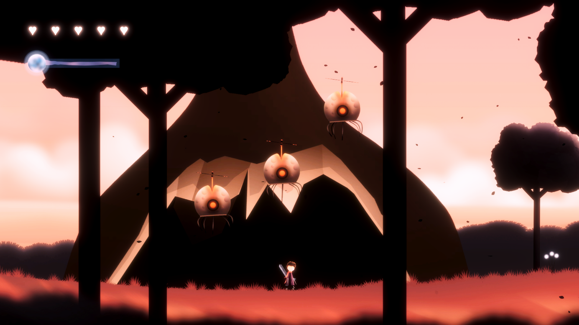 The Dying Mind artwork showing hovering Guardians in a sunset forest.