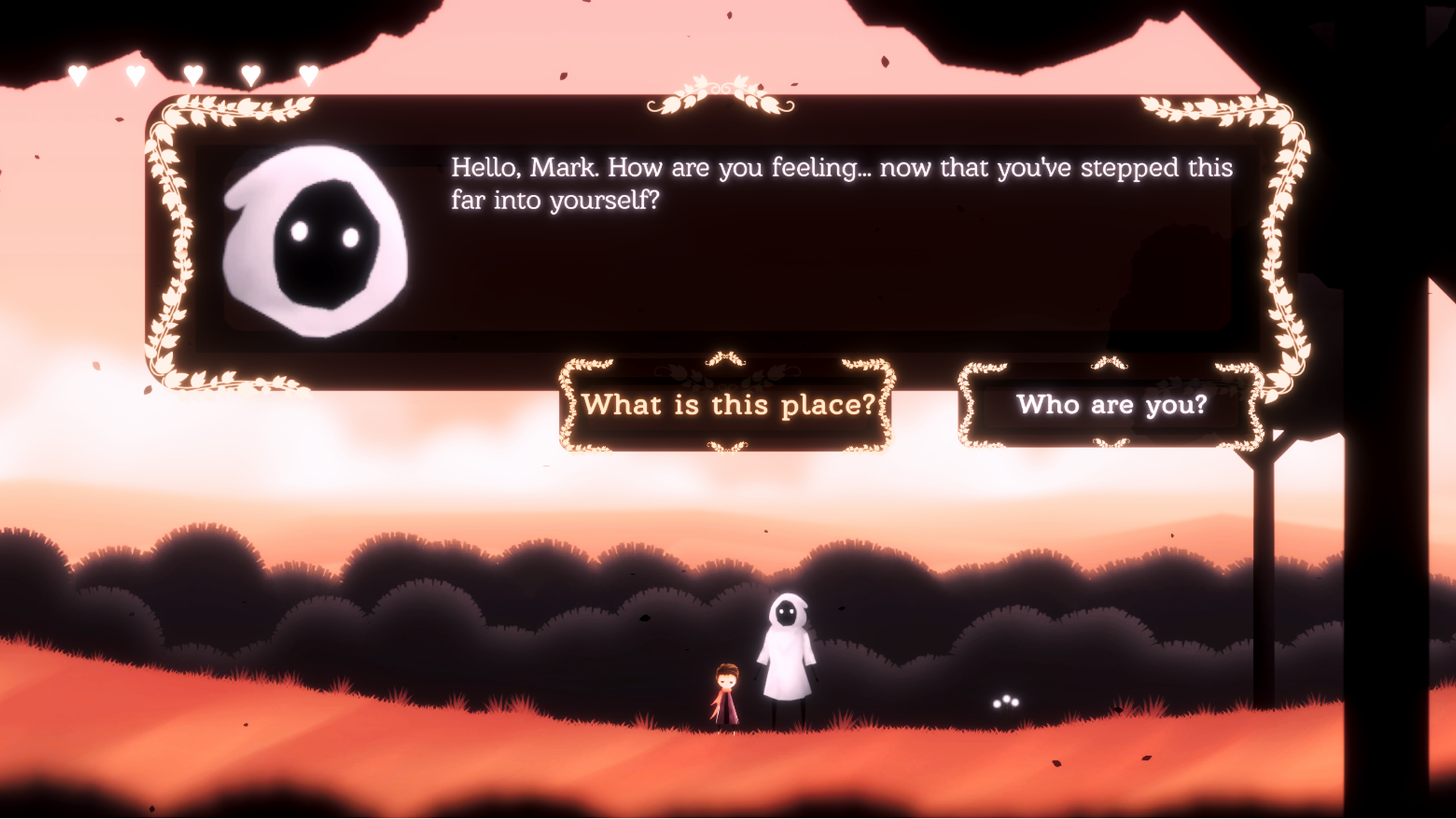 The Dying Mind dialogue scene with Mark and a mysterious hooded figure.