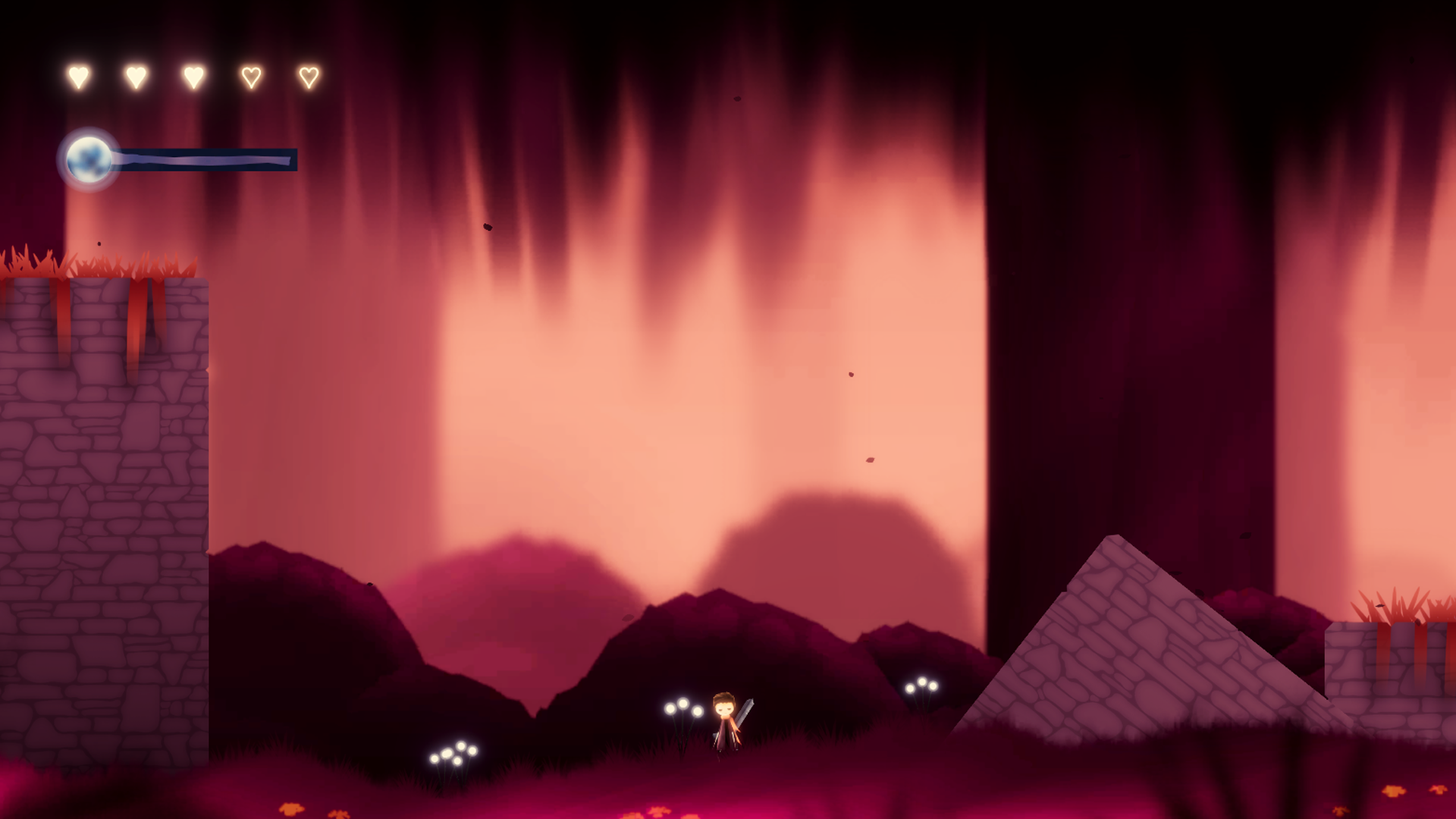 The Dying Mind artwork showing crimson ruins and glowing plants.