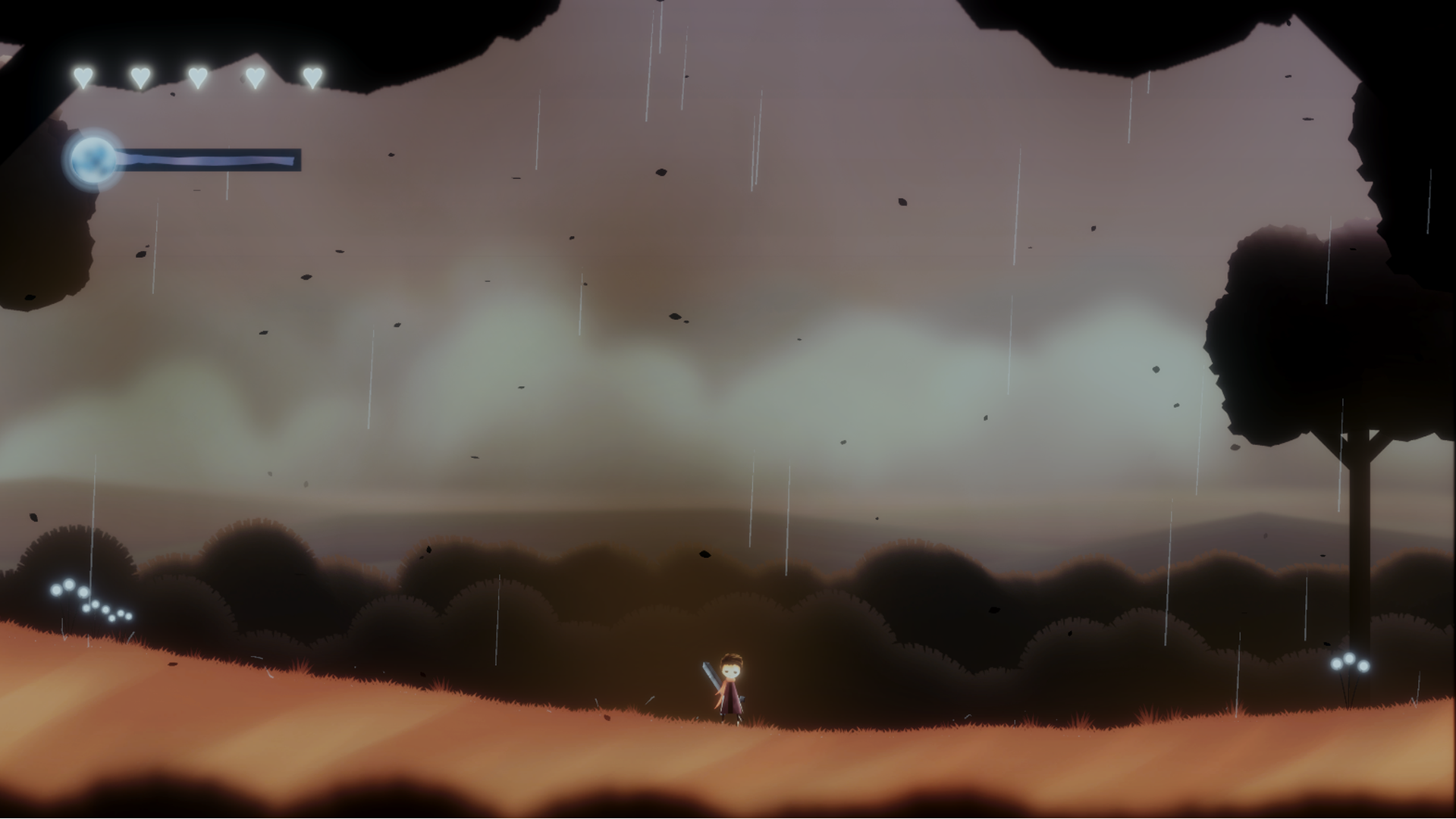 The Dying Mind artwork showing the player standing in a rainy dreamlike field.